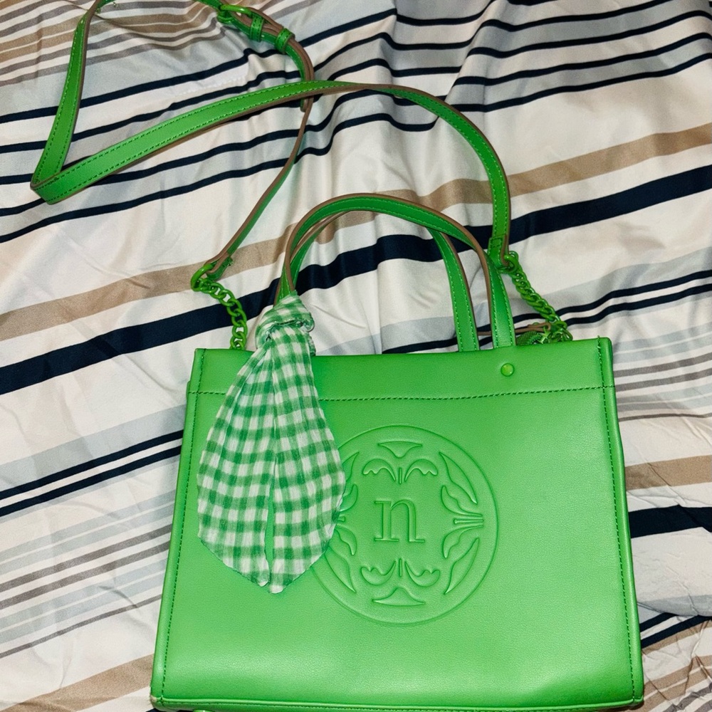 Nanette Lepore Vibrant Green Shoulder Bag with Gingham Scarf